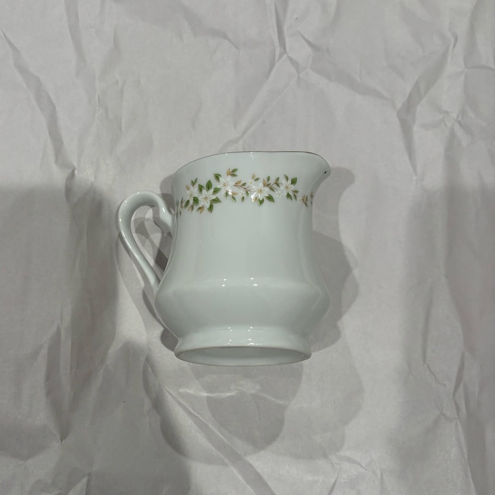 Ekco Vintage China Gravy Pitcher with Green and Gold Floral Accents with Plate